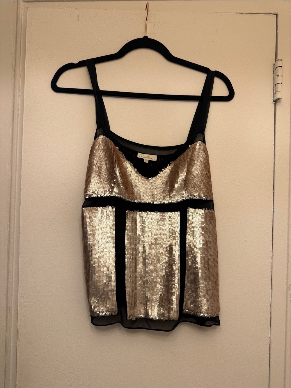 Gold Sequin Panel Cami with Black Trim